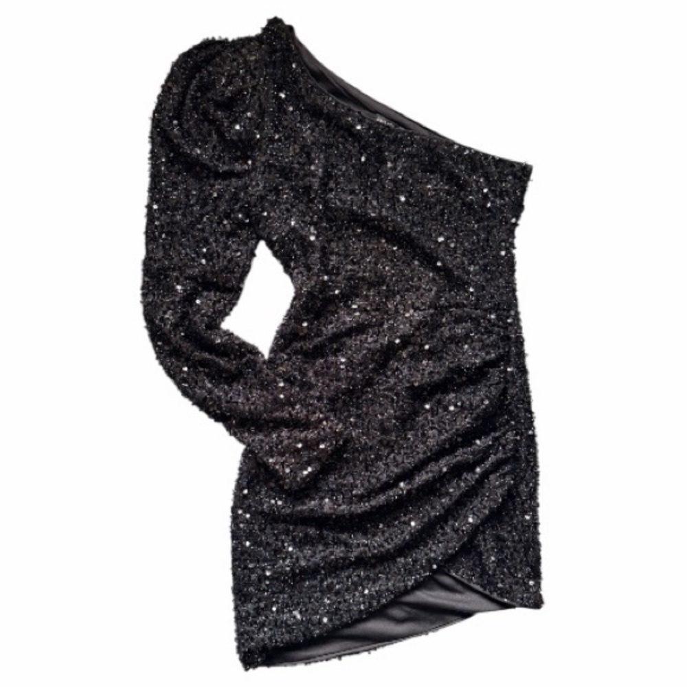 Fashion Nova Black Sequins One-Shoulder Dress